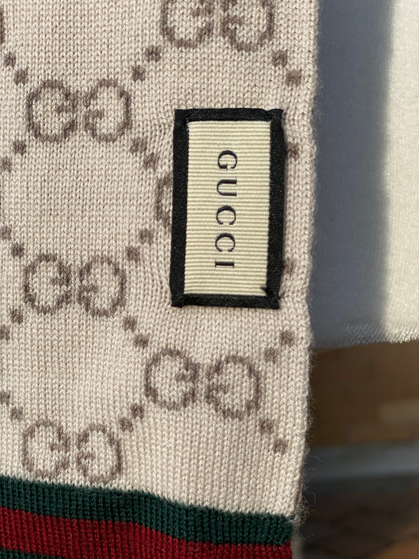 Gucci Taupe Reversible Wool Scarf with Red Green Trim