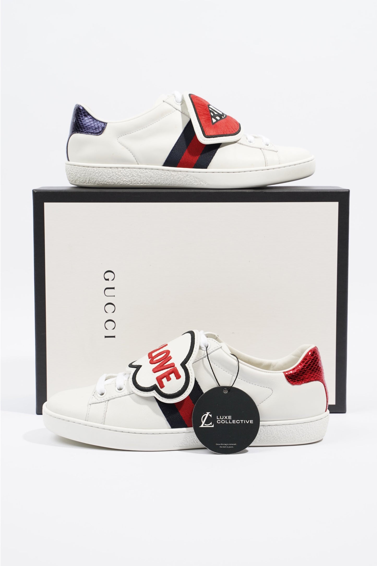 Gucci Ace "Blind For Love" White / Red / Navy Leather EU 36.5 UK 3.5