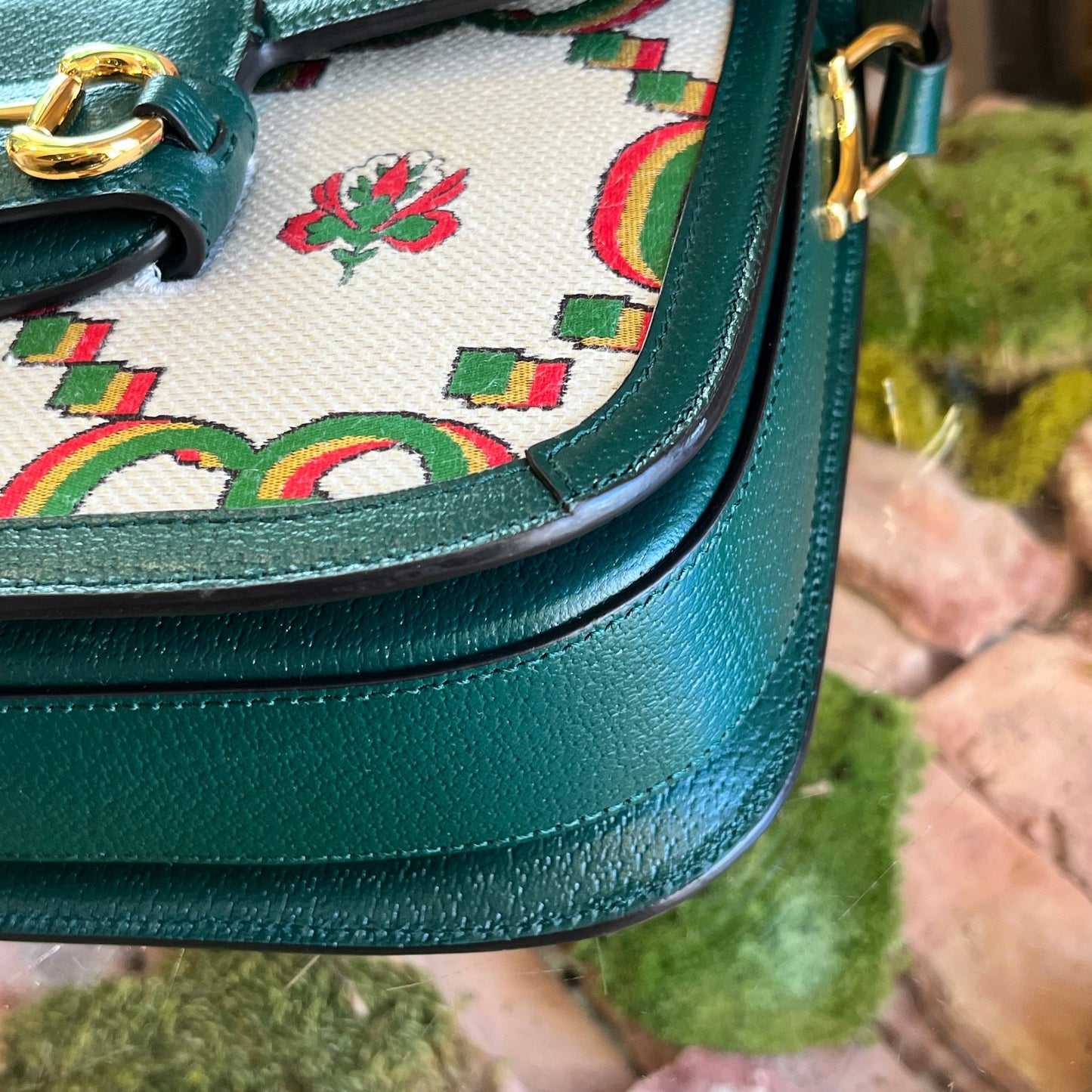 GUCCI 1955 Horsebit Small Green Ivory 100th Anniversary Cotton GG Floral Monogram Canvas Crossbody Bag