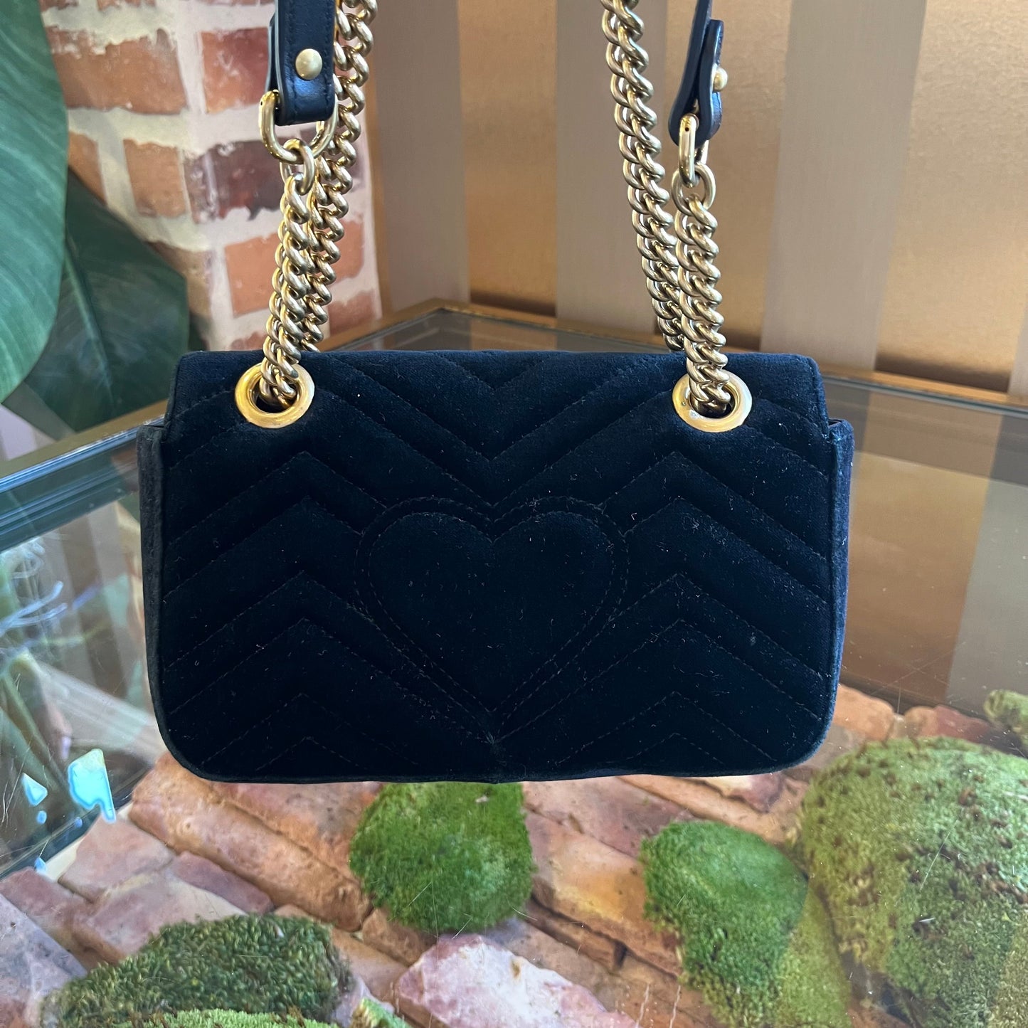 GUCCI Marmont Small Flower Embellished Black Velvet Shoulder Bag