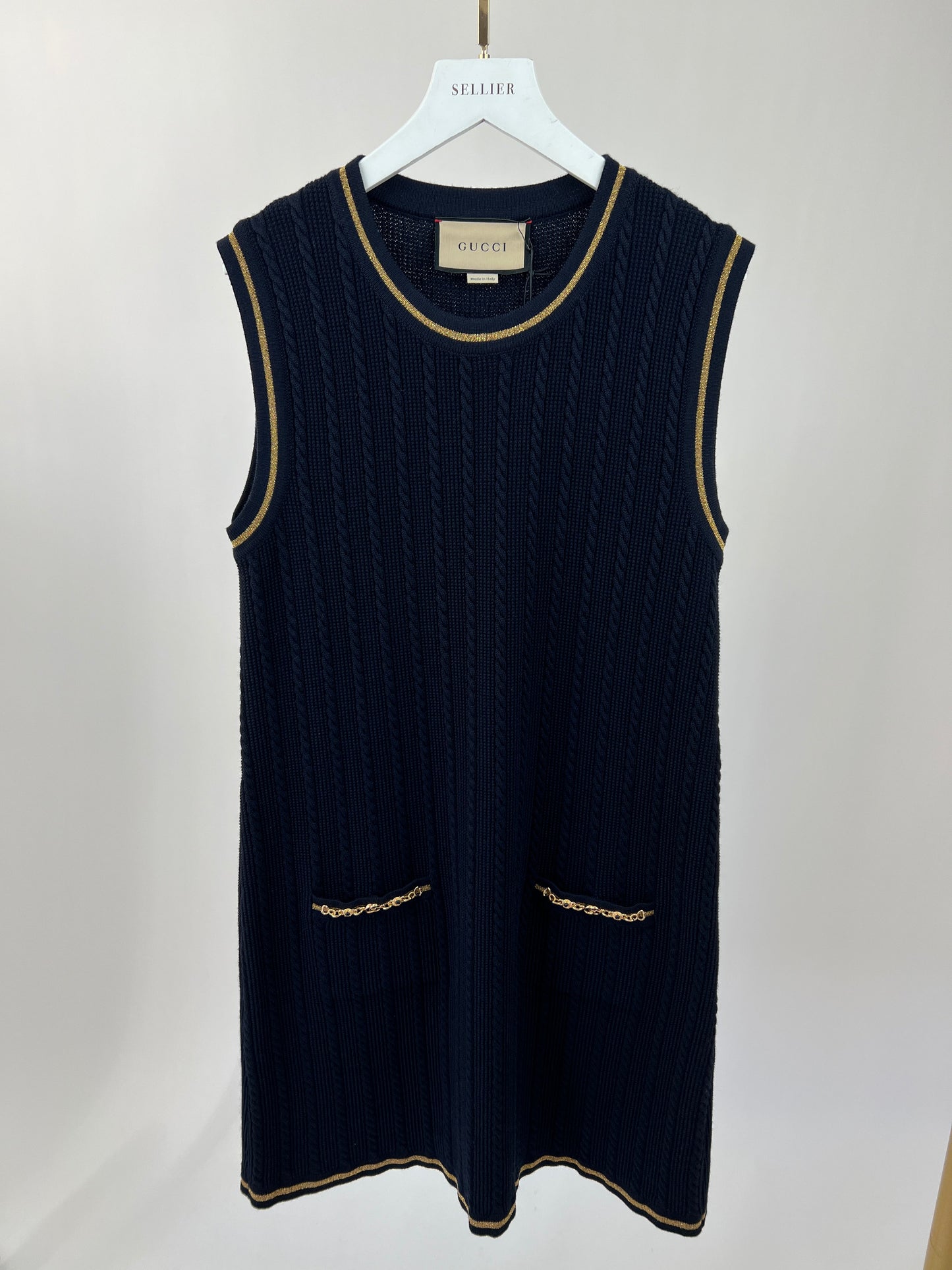Gucci Navy Knitted Mini Dress with Gold Chain Pocket Details Size IT S (UK 8)