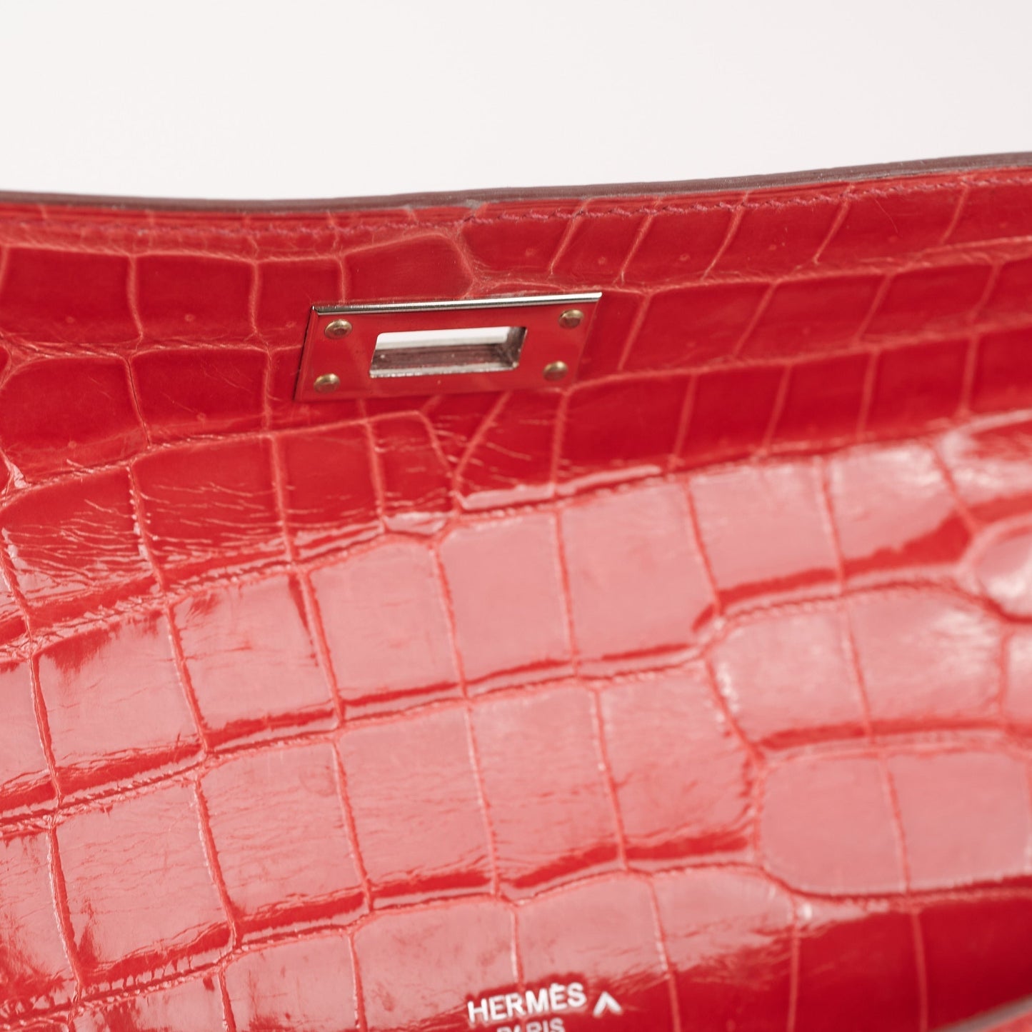 Hermes Kelly Cut Exotic Crocodile Poporus Red Croc Clutch - T stamp