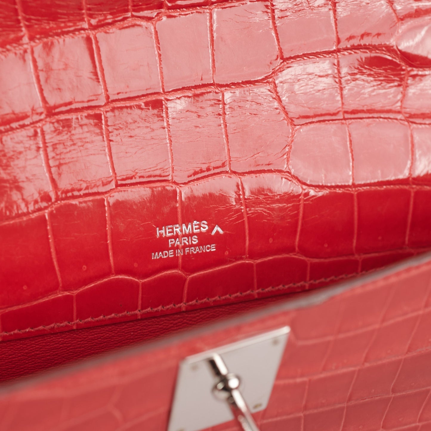 Hermes Kelly Cut Exotic Crocodile Poporus Red Croc Clutch - T stamp