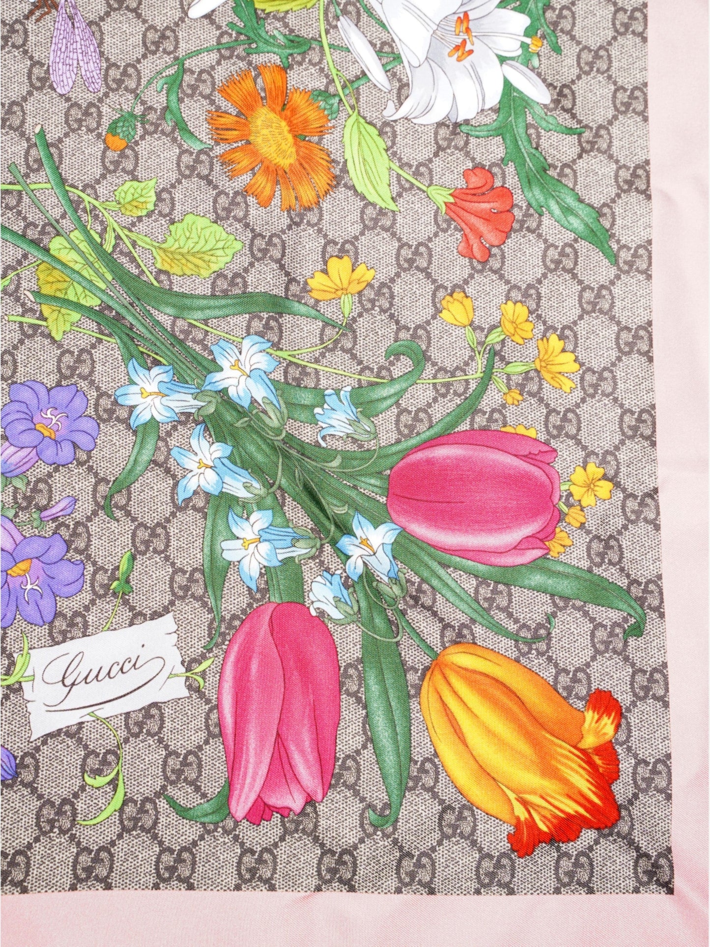 Gucci GG Flora Print Scarf Pink / GG Supreme / Multicolour Silk 90 x 90cm