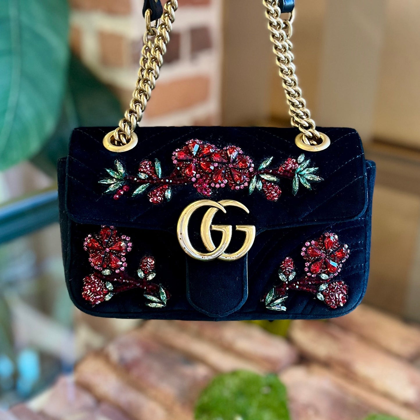 GUCCI Marmont Small Flower Embellished Black Velvet Shoulder Bag