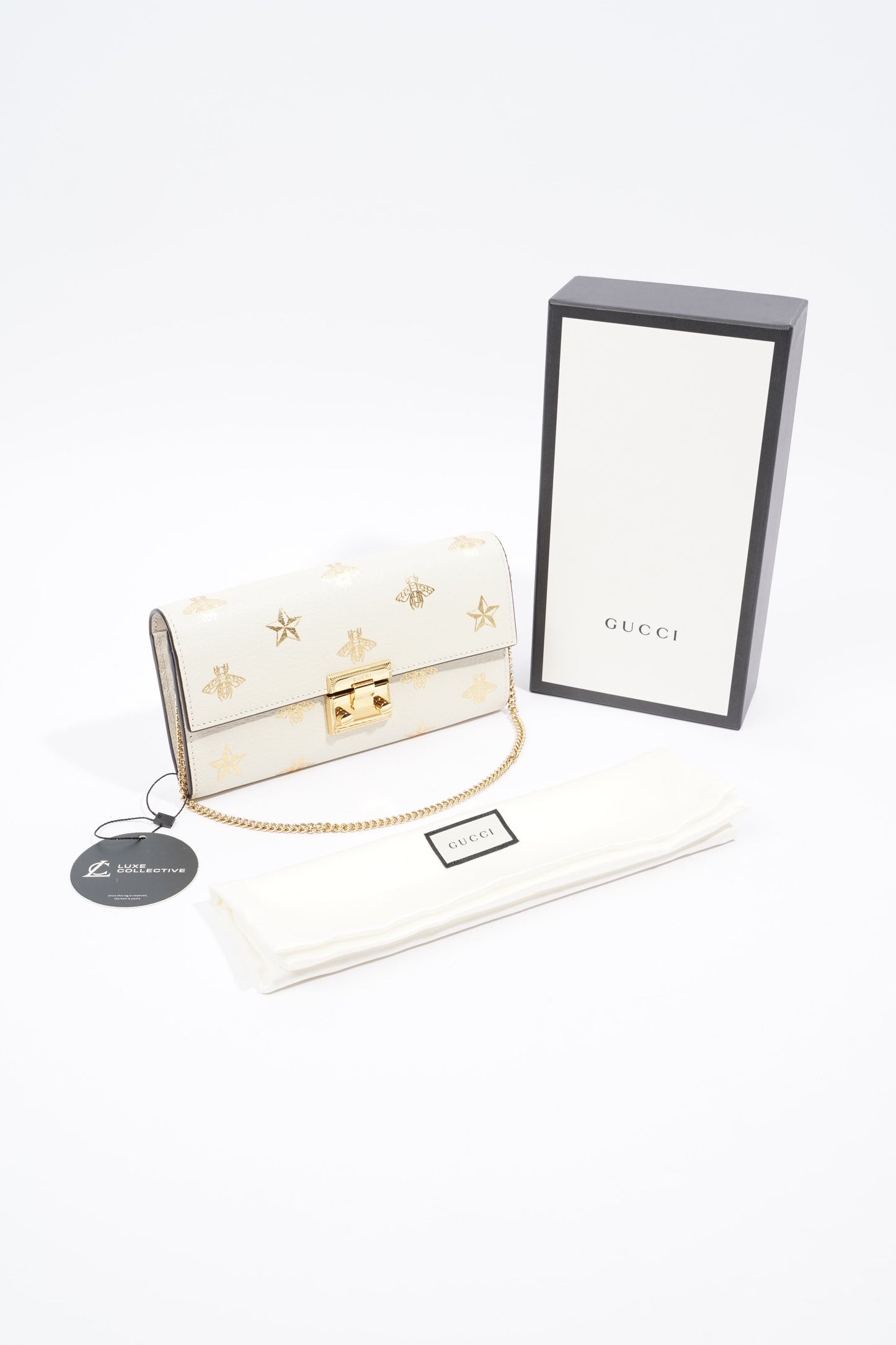 Gucci Bee Star Wallet On Chain White / Gold Leather
