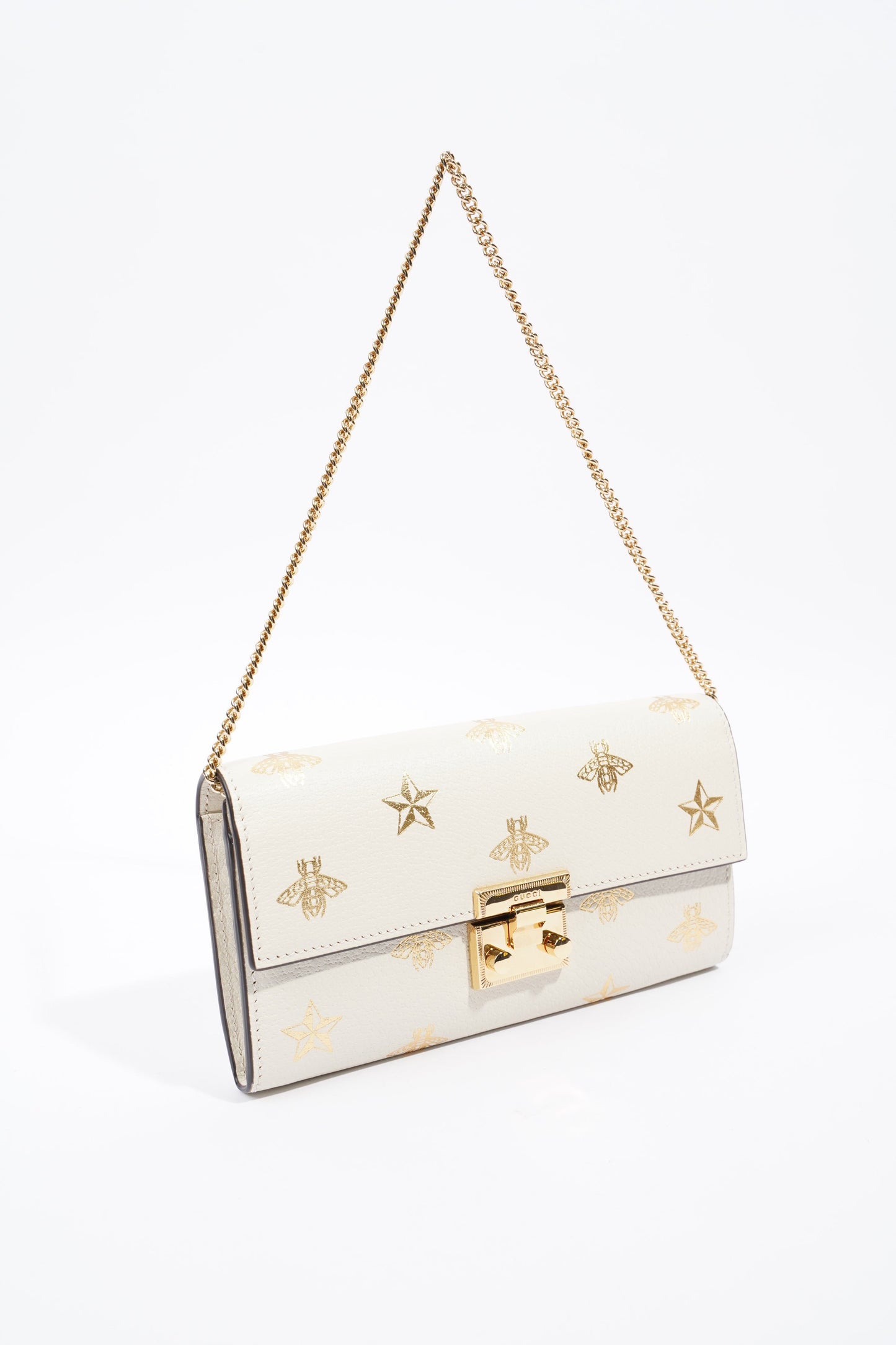Gucci Bee Star Wallet On Chain White / Gold Leather