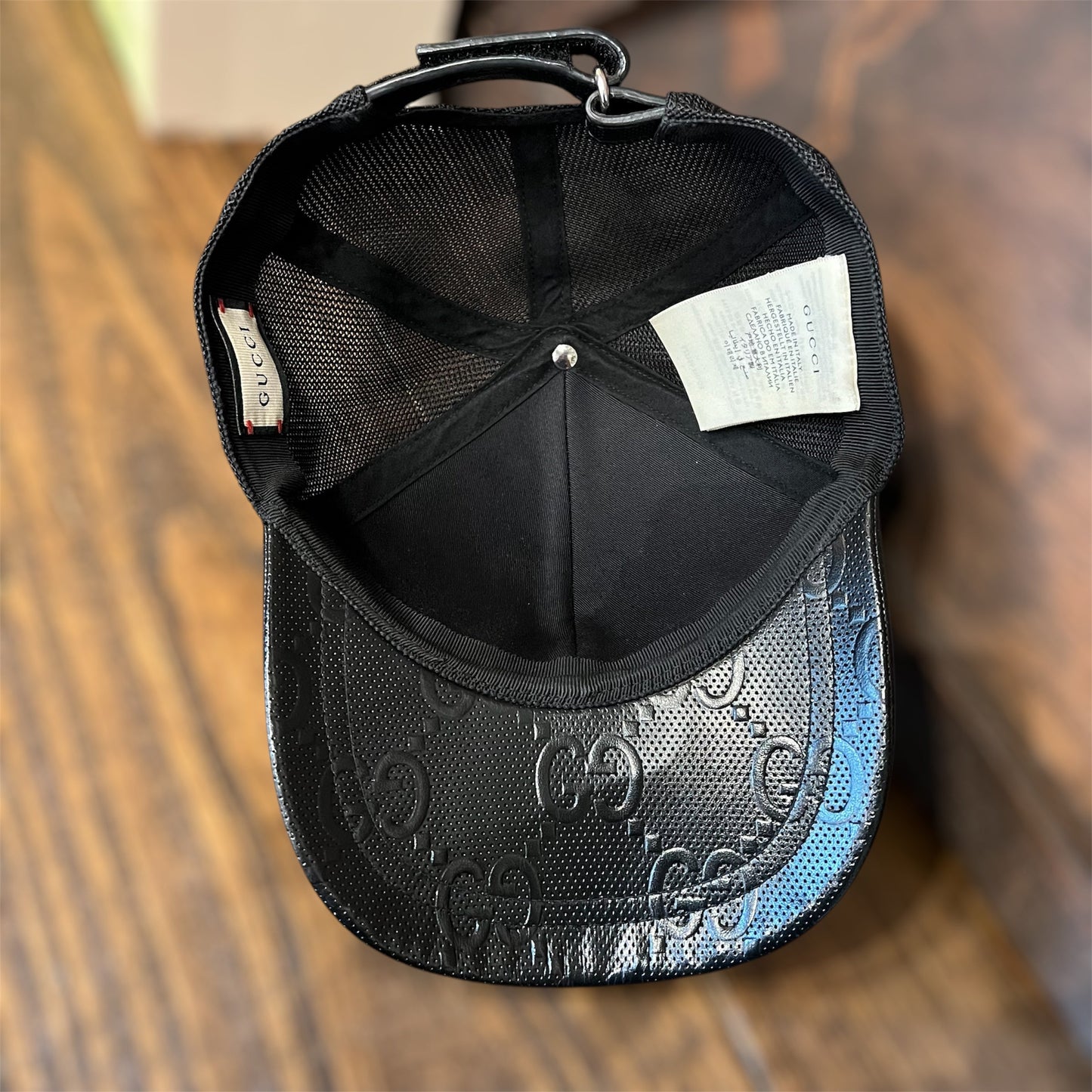 GUCCI Black GG Web Embossed Leather Hat SZL