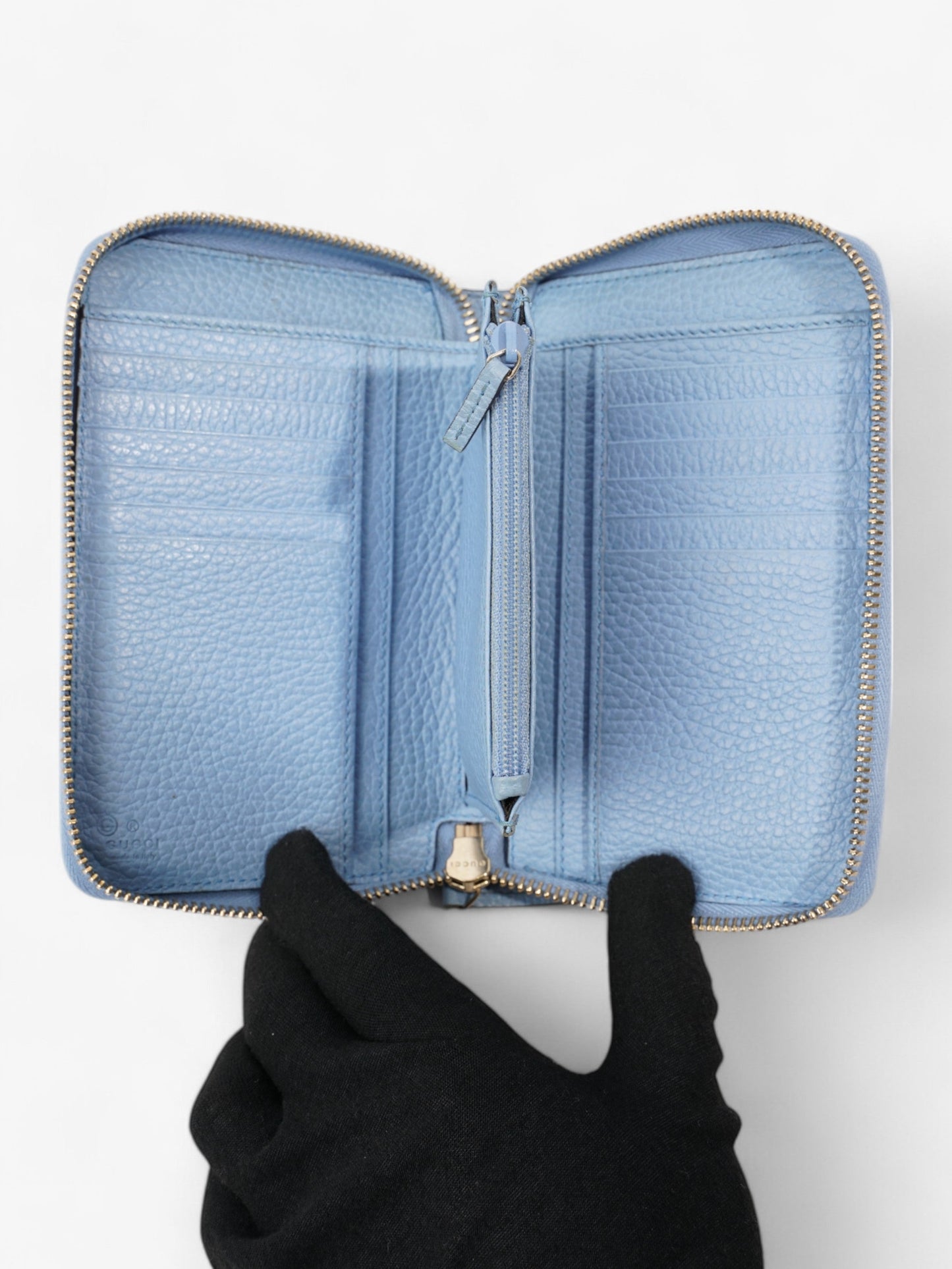 Gucci Zip Around Wallet Light Blue / Light Gold Leather Medium