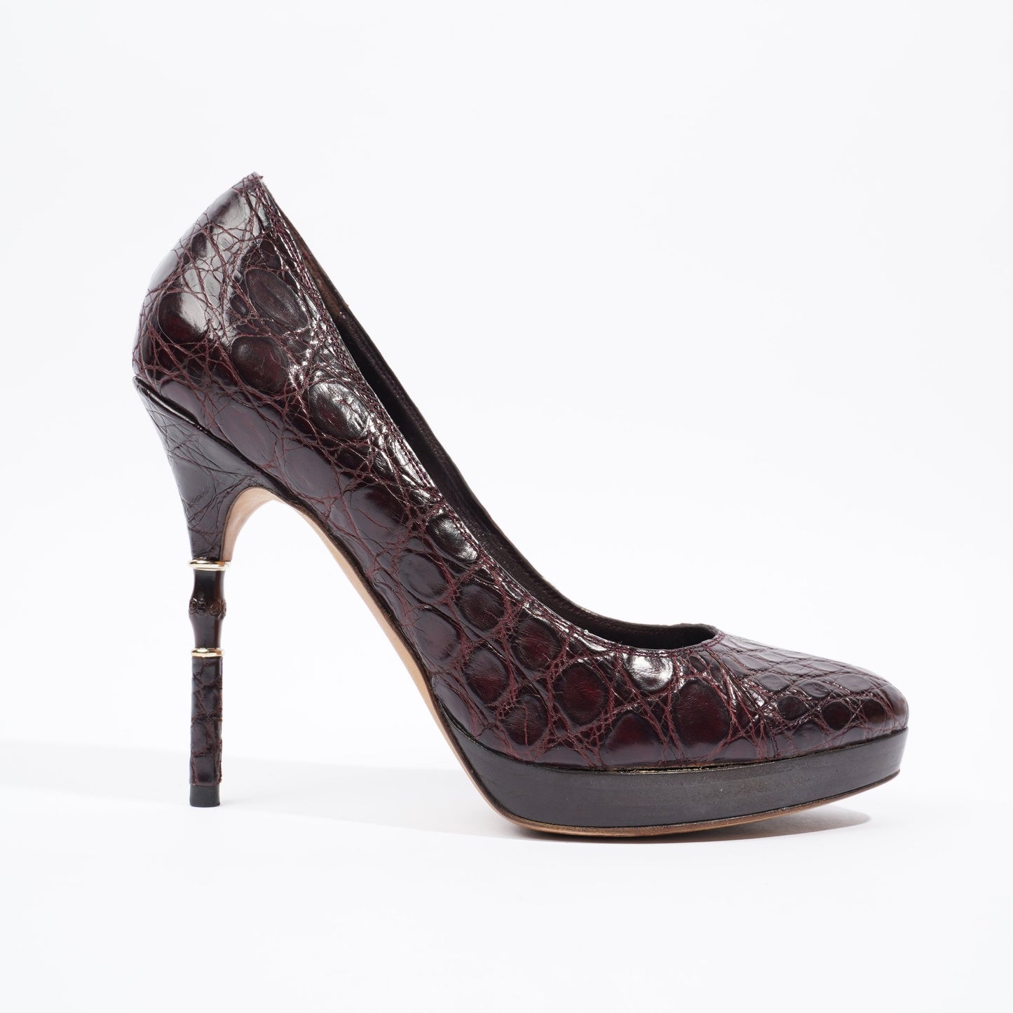 Gucci Bamboo Heel Pump Purple Embossed Leather EU 37 UK 4