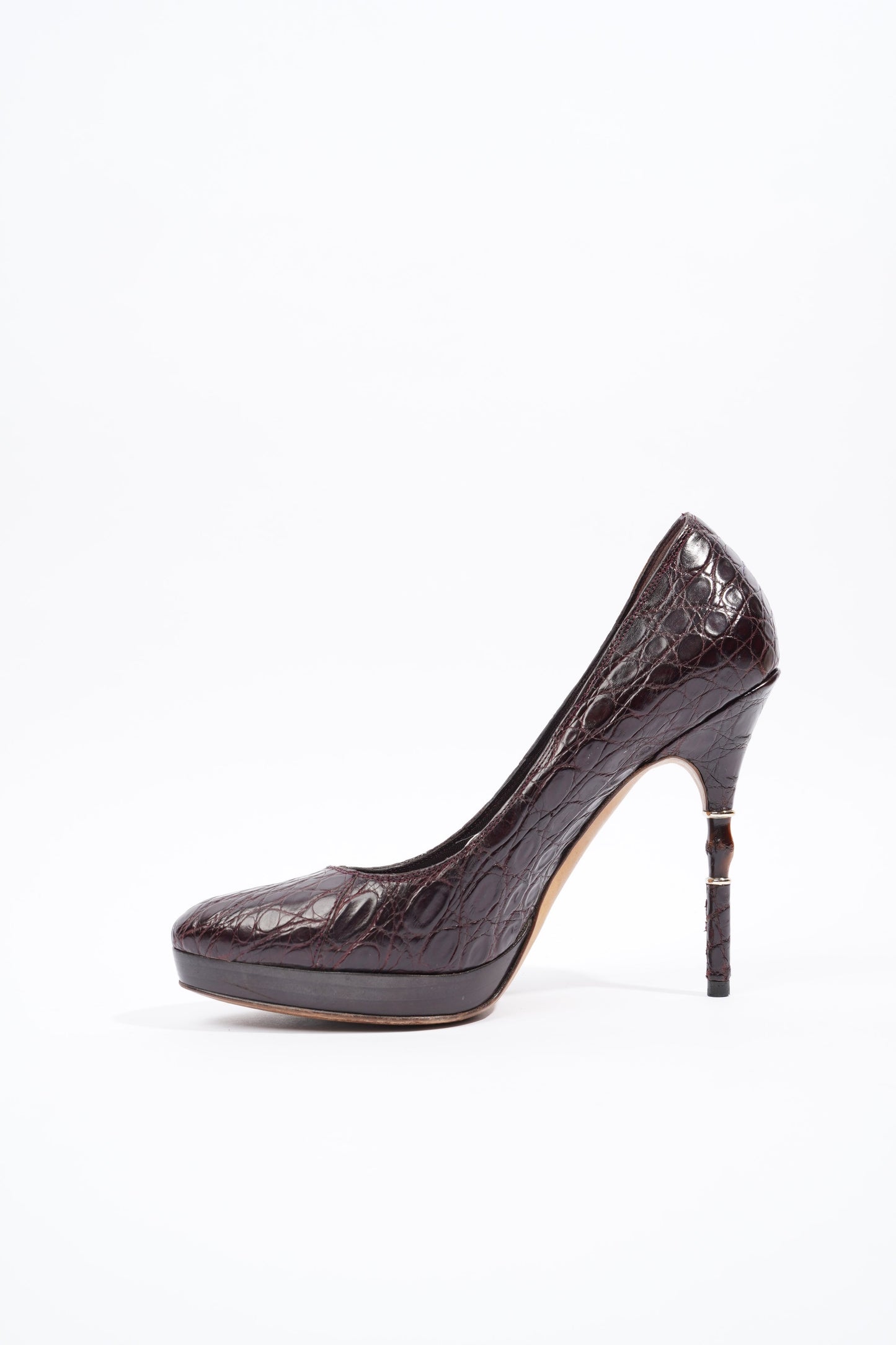 Gucci Bamboo Heel Pump Purple Embossed Leather EU 37 UK 4