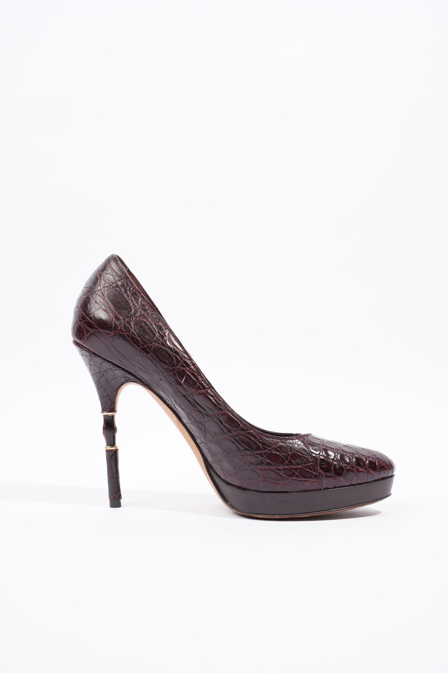 Gucci Bamboo Heel Pump Purple Embossed Leather EU 37 UK 4