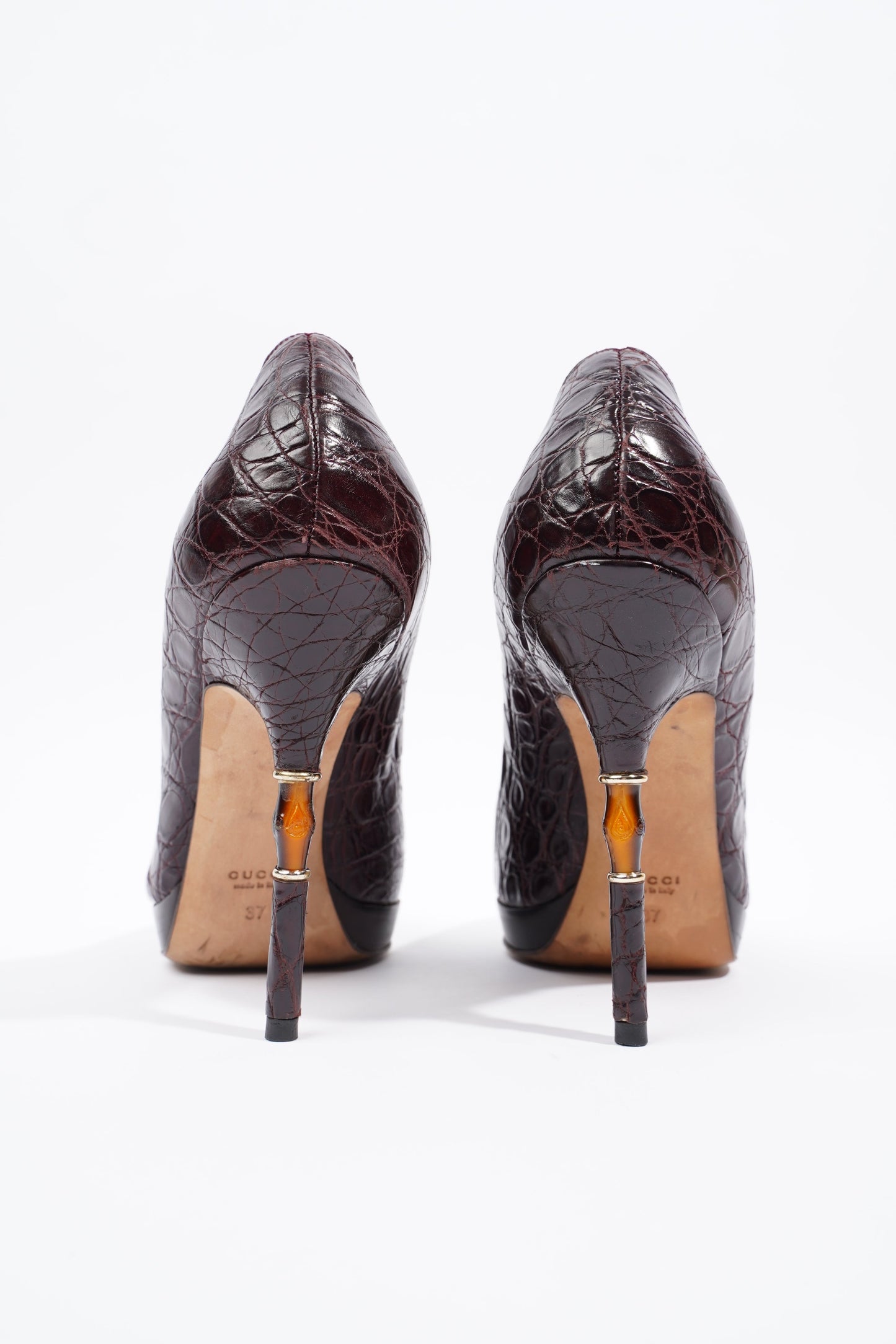 Gucci Bamboo Heel Pump Purple Embossed Leather EU 37 UK 4