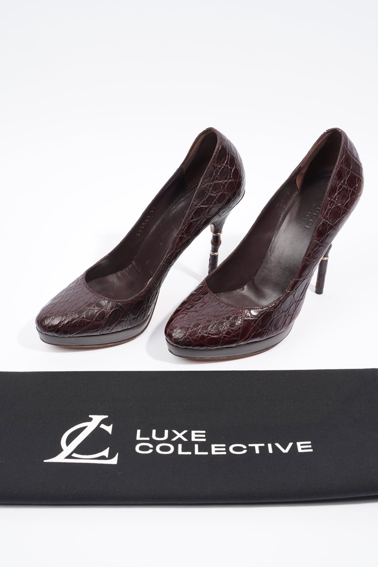 Gucci Bamboo Heel Pump Purple Embossed Leather EU 37 UK 4