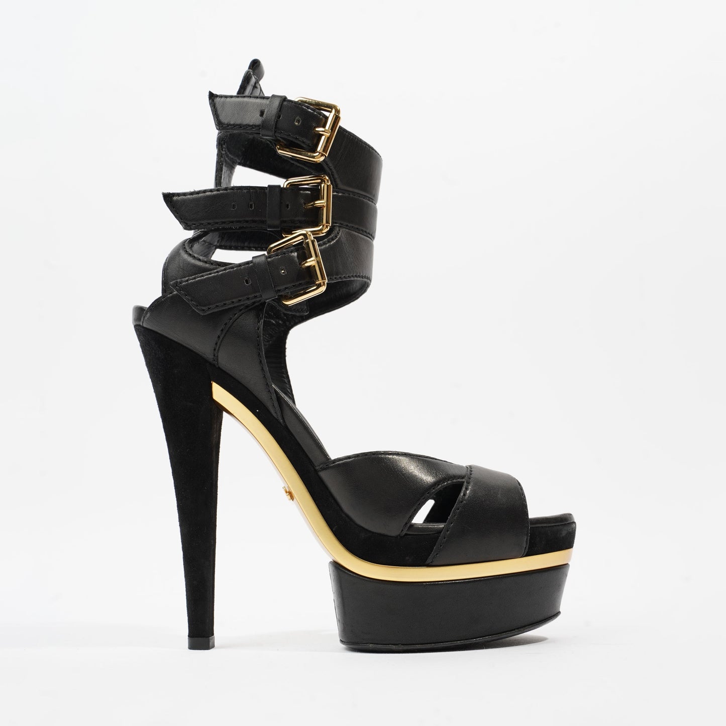 Gucci Strap Sandal 130 Black / Gold Leather 5