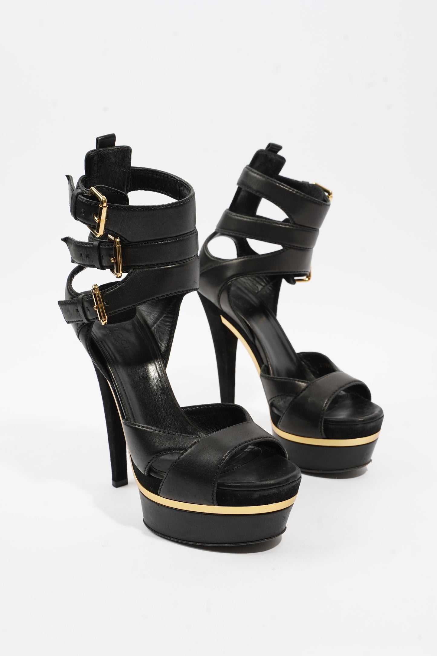 Gucci Strap Sandal 130 Black / Gold Leather 5