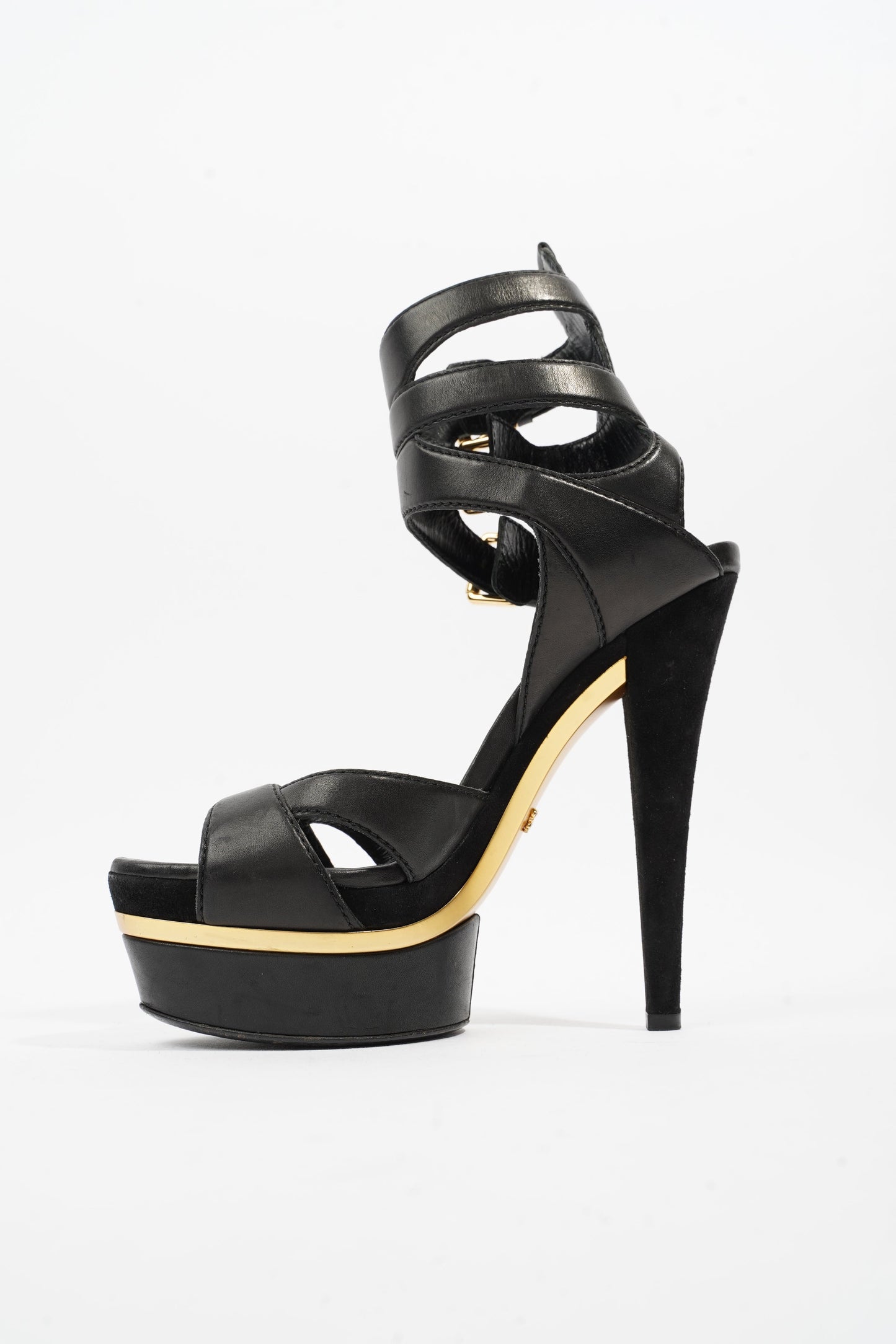 Gucci Strap Sandal 130 Black / Gold Leather 5