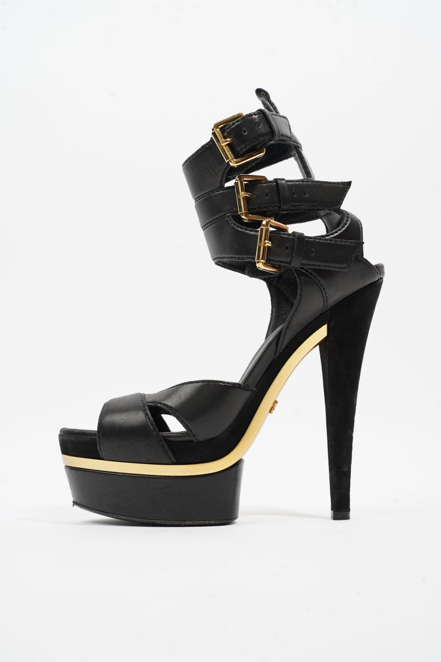 Gucci Strap Sandal 130 Black / Gold Leather 5