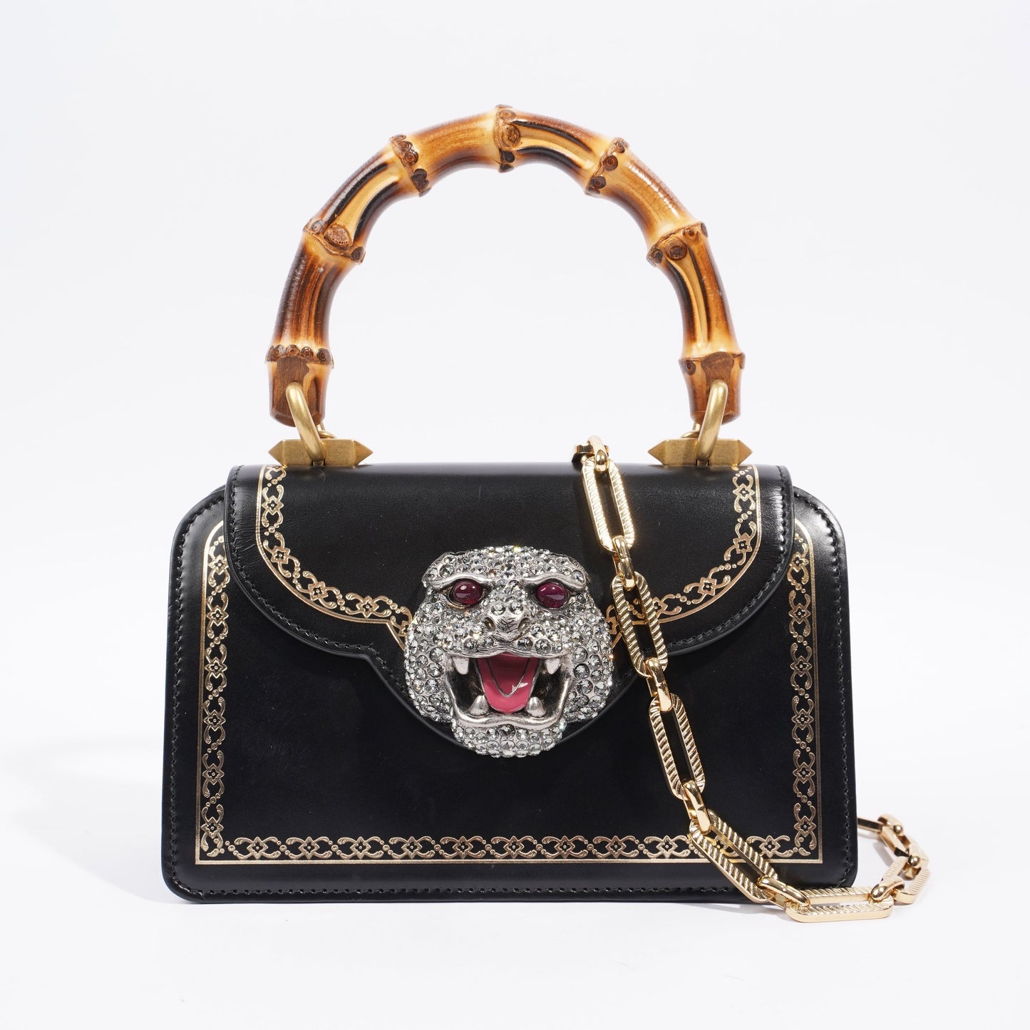 Gucci Tiger Mini Bamboo Bag Black / Gold Leather