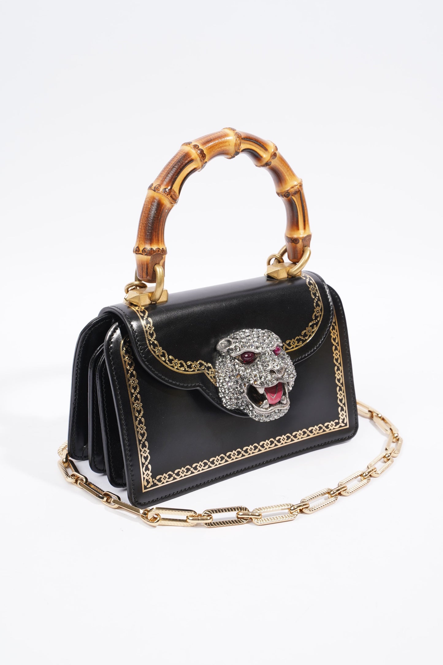 Gucci Tiger Mini Bamboo Bag Black / Gold Leather
