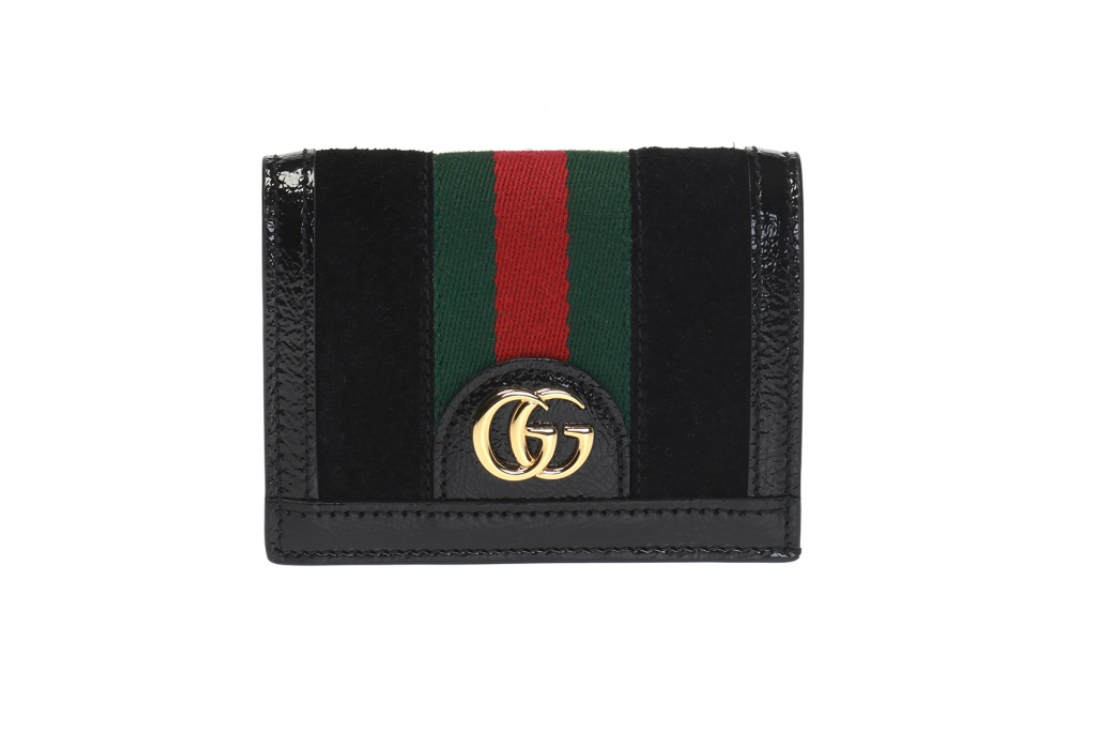 Gucci Web Stripe Card Case in Black Suede