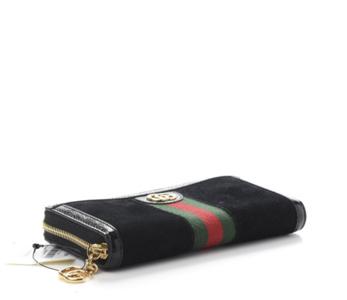 GUCCI Suede Patent GG Web Ophidia Zip Around Wallet in Black