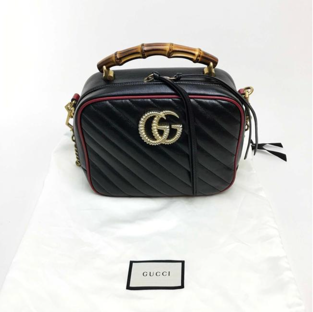 Gucci Black Matelassé Leather GG Marmont Bamboo Small Bag