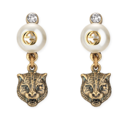 GUCCI Feline Head Brass and Crystal Drop Earrings