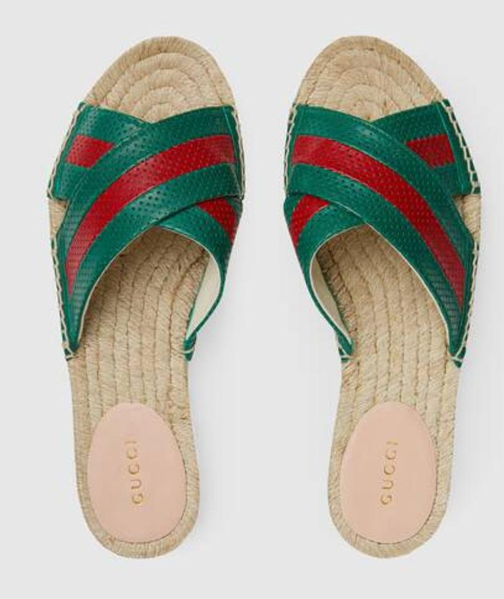 GUCCI Calfskin Perforated Web Espadrille Sandals Red Green