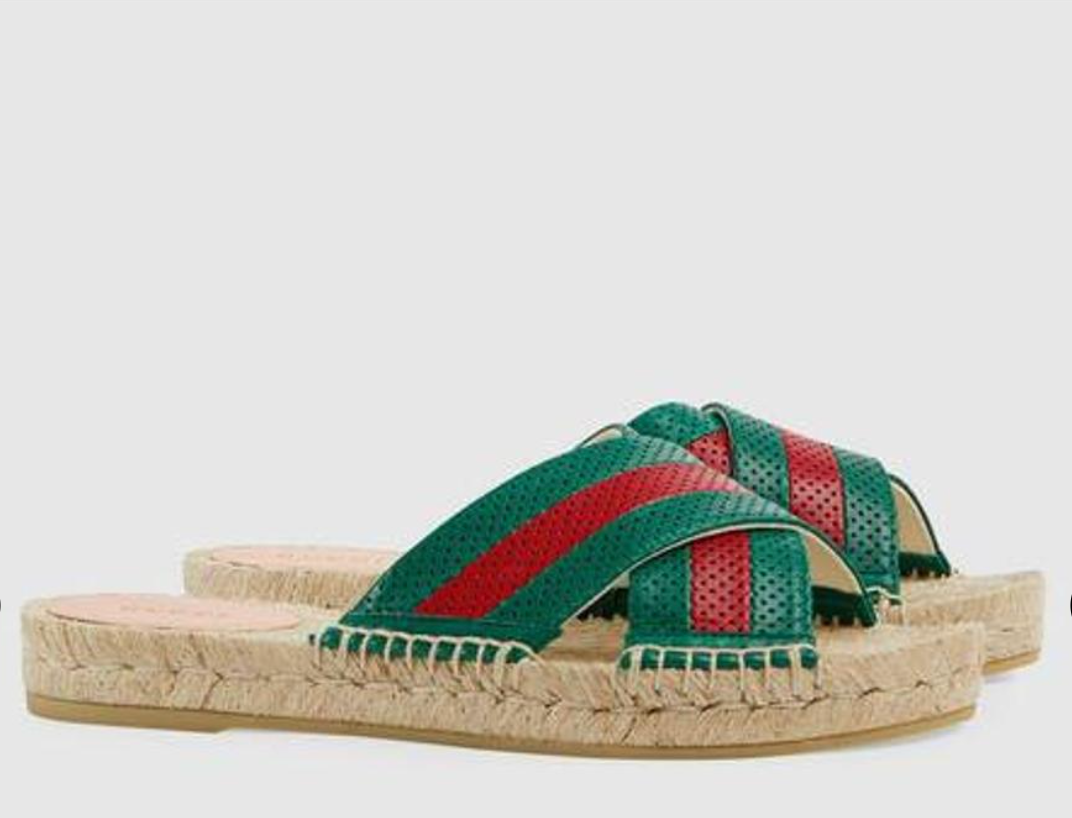 GUCCI Calfskin Perforated Web Espadrille Sandals Red Green