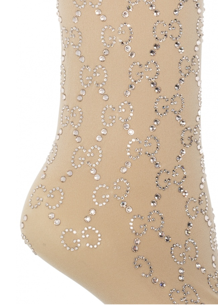 Gucci Crystal Embellished GG Socks in Beige