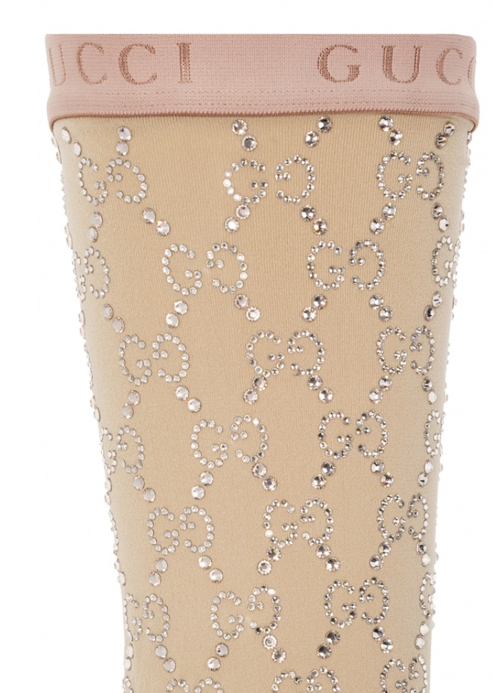 Gucci Crystal Embellished GG Socks in Beige