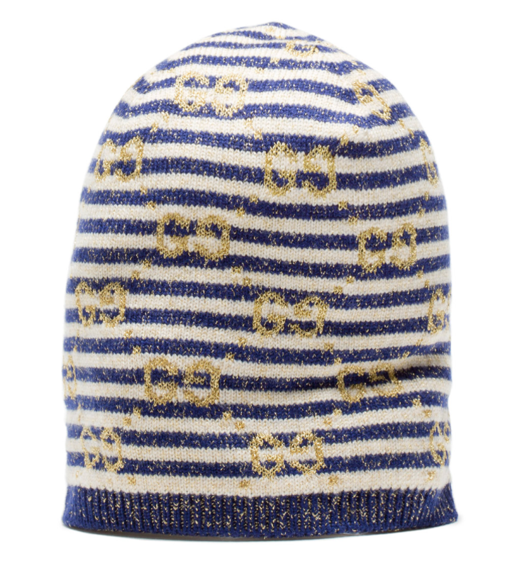 Gucci Knit Beanie in Blue and Ivory with Gold Lamé