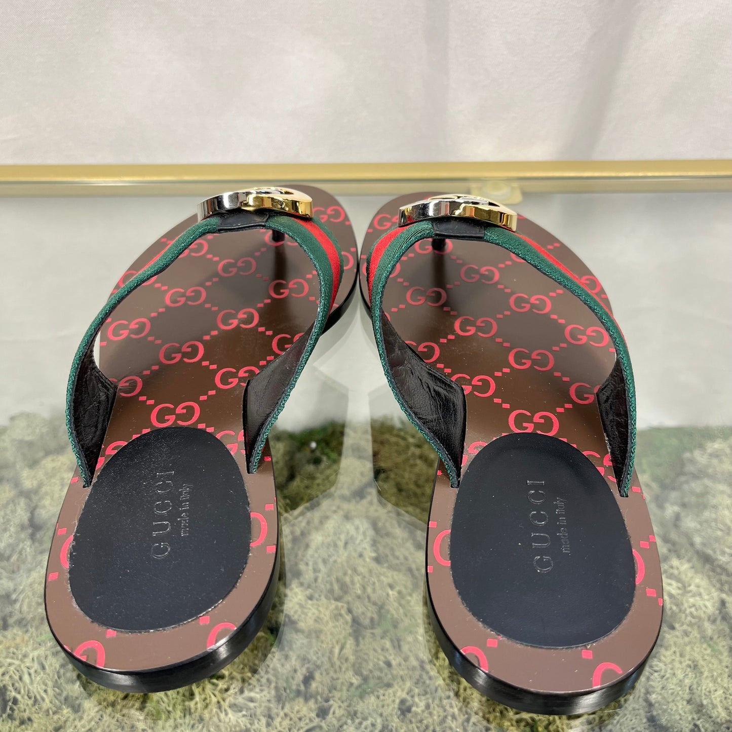 GUCCI Kika Canvas Stripe Thong Sandals SZ35