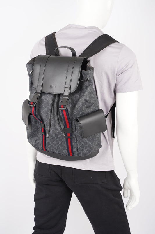 Gucci Mens GG Web Backpack Grey Canvas