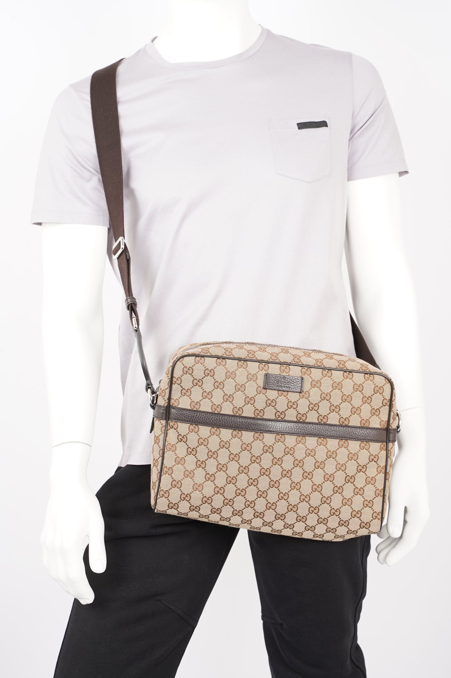 Gucci Mens Messenger Crossbody Bag Brown Canvas