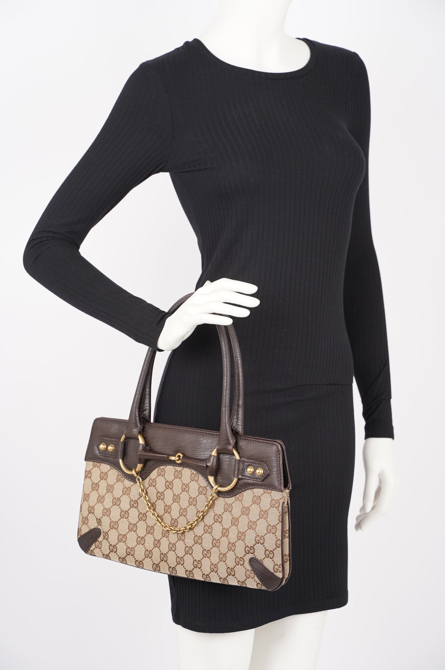 Gucci Womens Vintage Horsebit Handbag Brown Canvas
