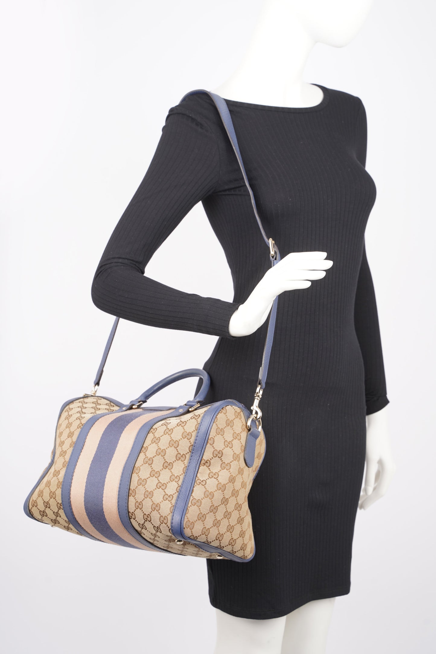 Gucci Womens Vintage Web Boston Bag Beige Blue Nude Medium