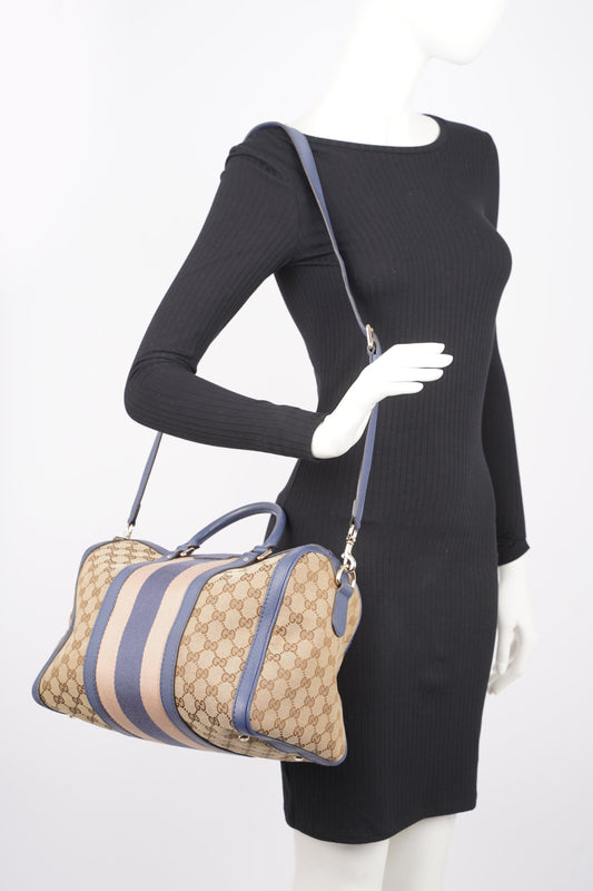 Gucci Womens Vintage Web Boston Bag Beige Blue Nude Medium
