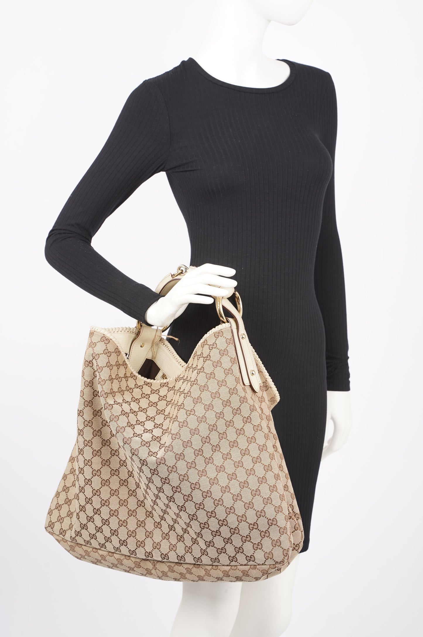 Gucci Womens GG Horsebit Hobo Beige Large
