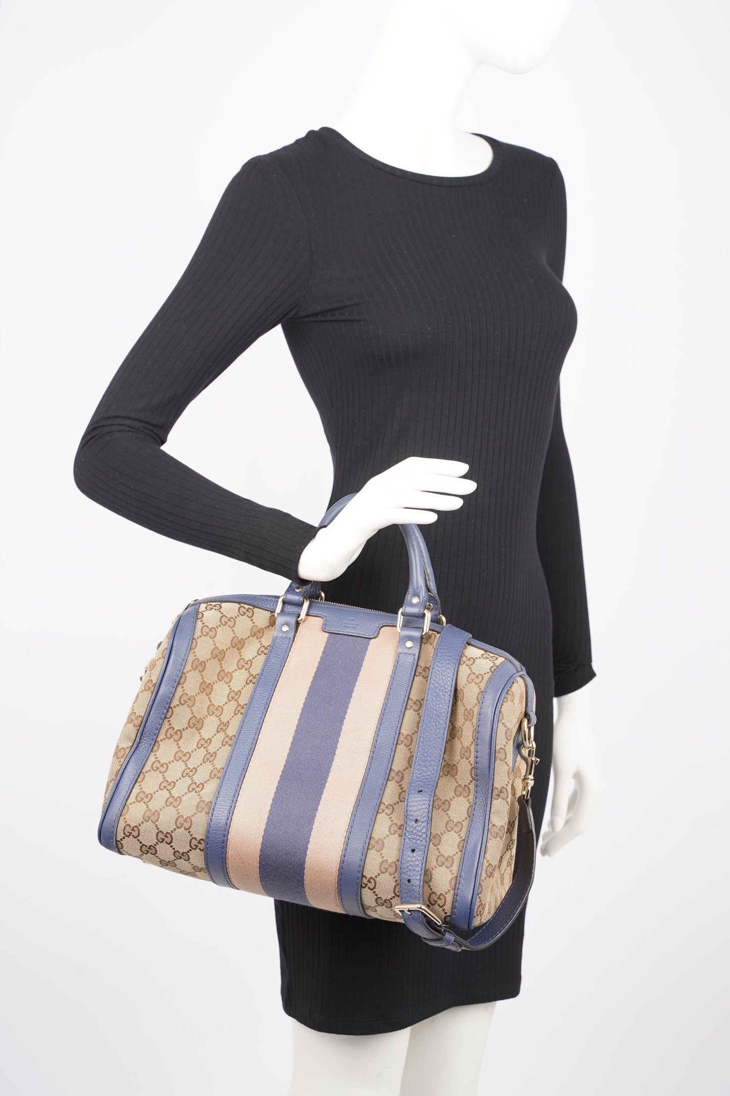 Gucci Womens Vintage Web Boston Bag Beige Blue Nude Medium