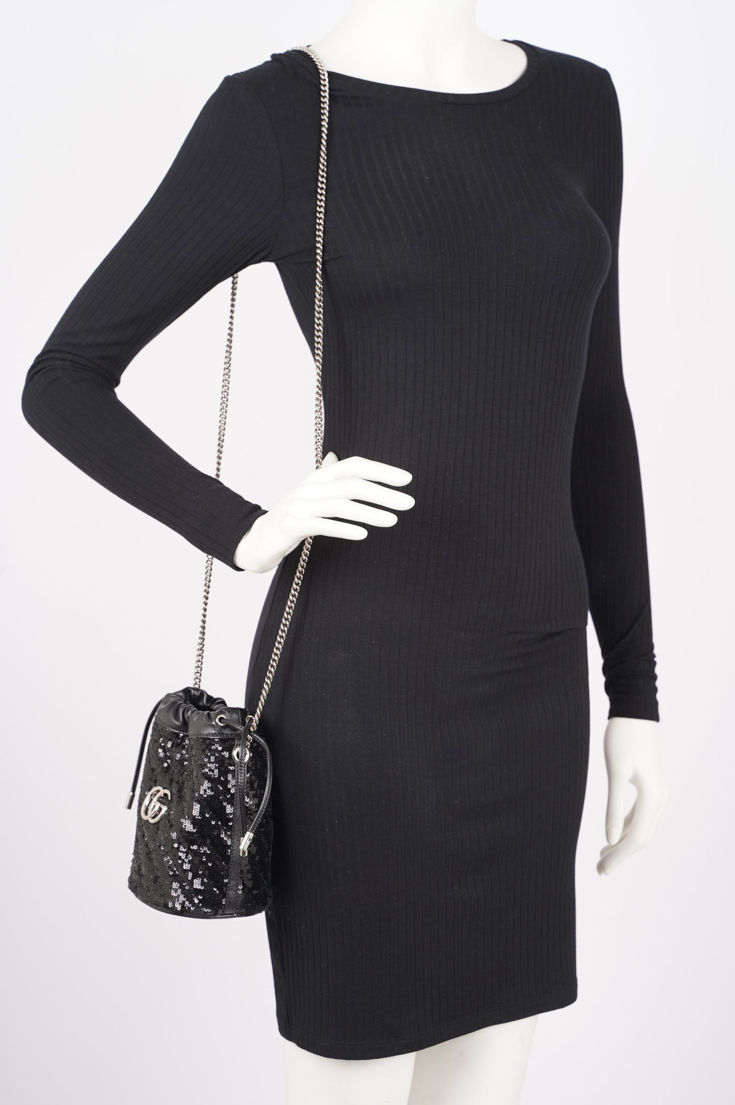 Gucci Womens GG Marmont Bucket Bag Black Leather / Sequin Mini