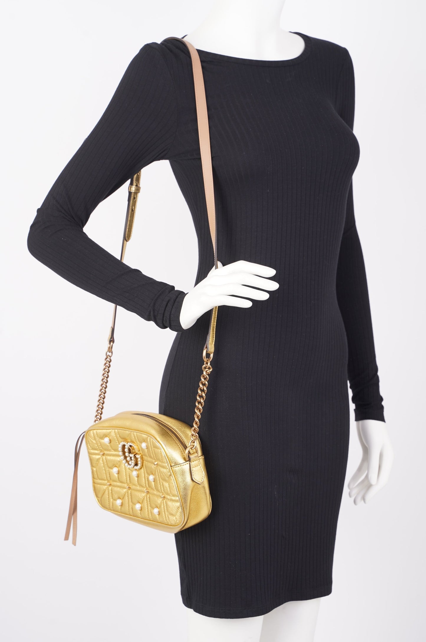 Gucci Womens Marmont GG Zip Bag Golden Leather Small