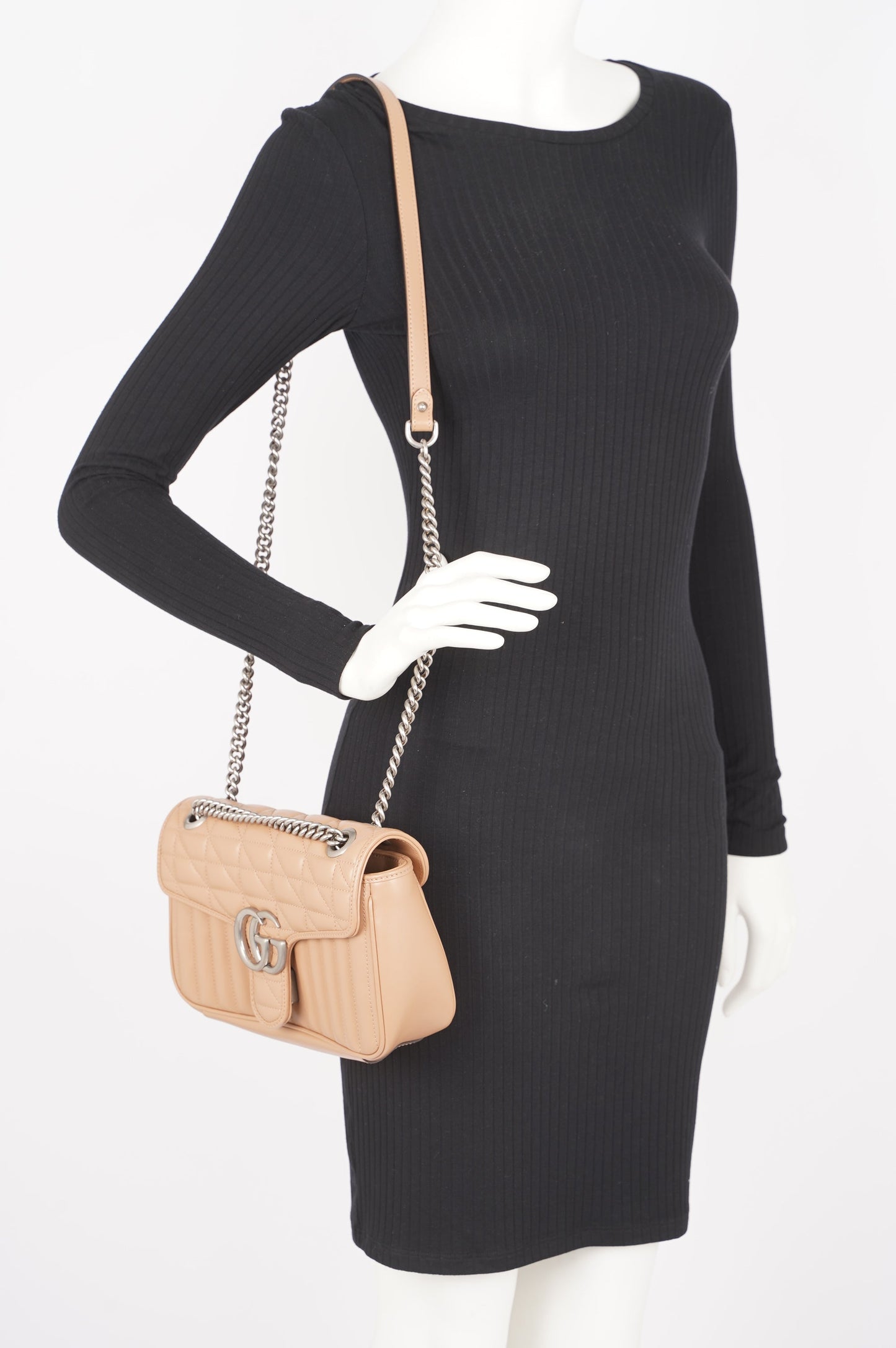 Gucci Womens GG Marmont Bag Nude Leather Small