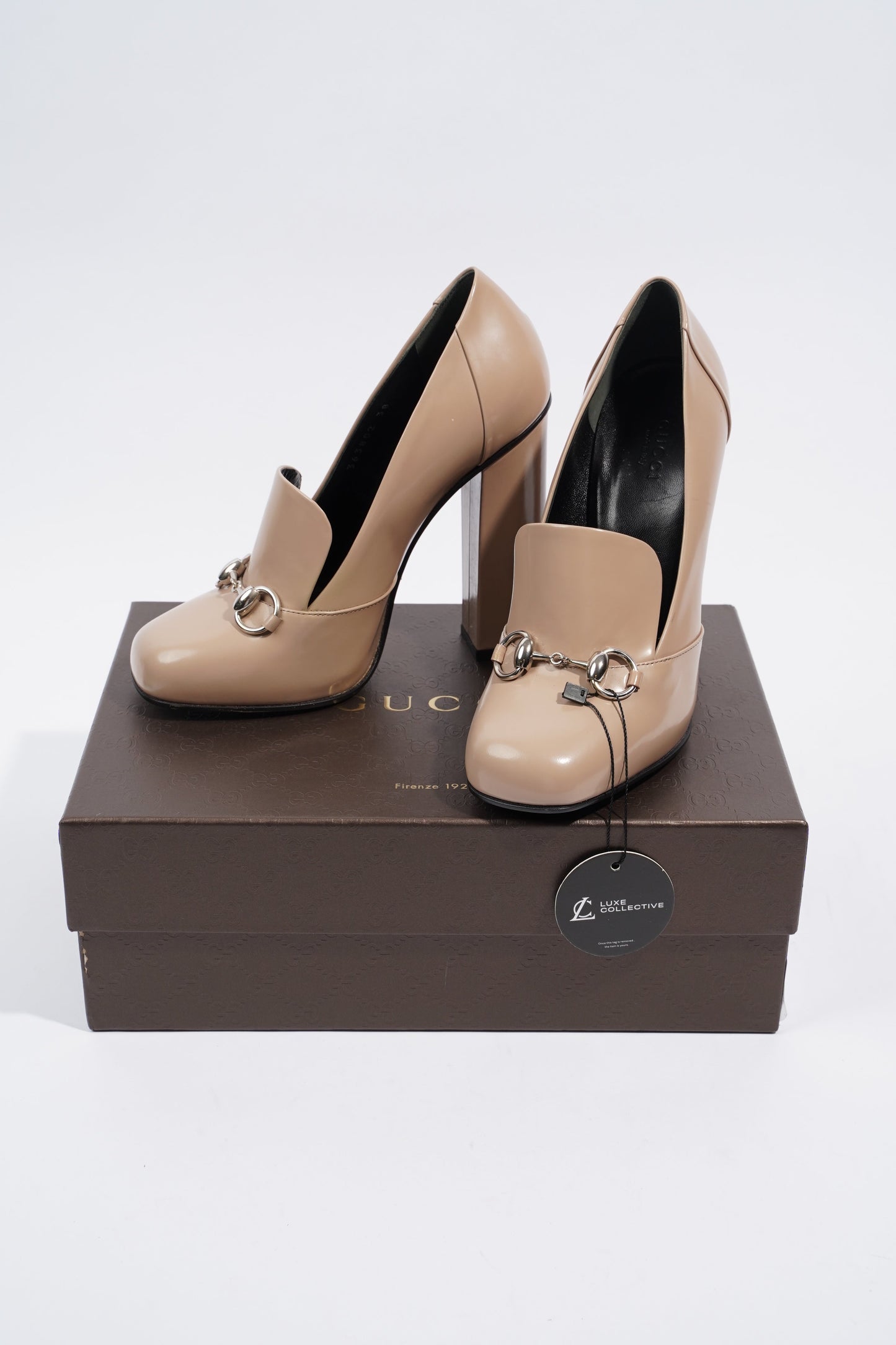 Gucci Horsebit Block Heel 130 Patent Camel EU 38 / UK 5