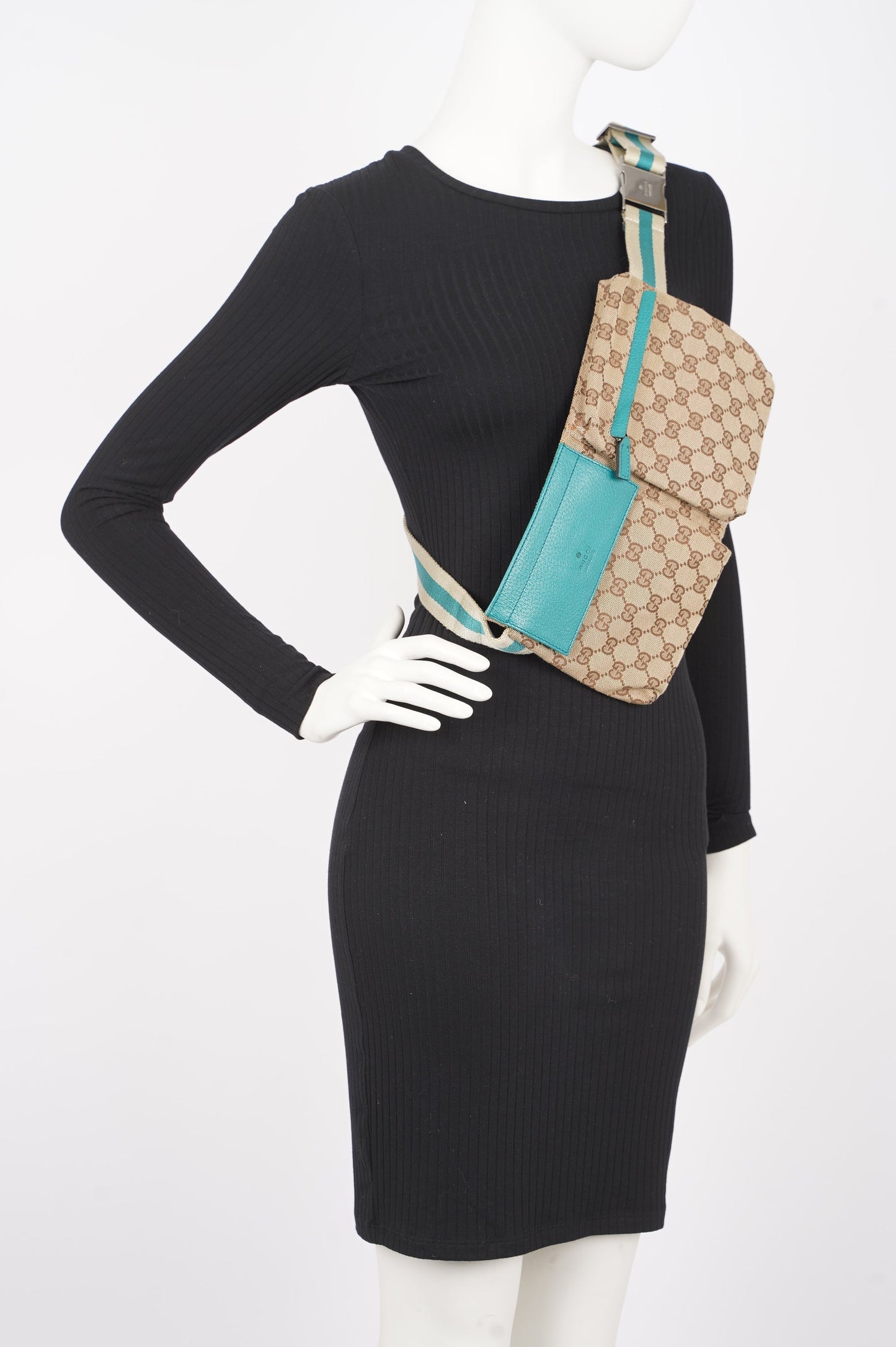 Gucci Womens Vintage GG Canvas Belt Bag Beige Teal