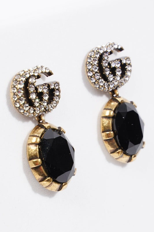Gucci Womens GG Pendant Earrings Black / Gold Finish Base Metal / Rhinestone