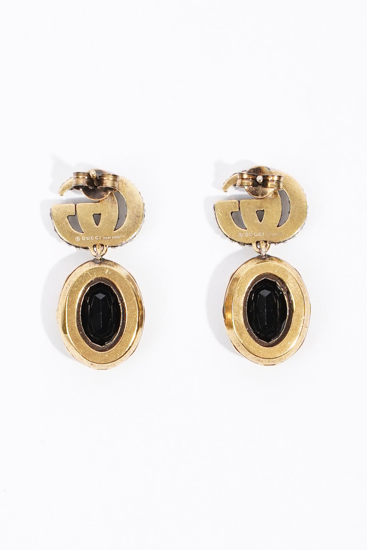 Gucci Womens GG Pendant Earrings Black / Gold Finish Base Metal / Rhinestone