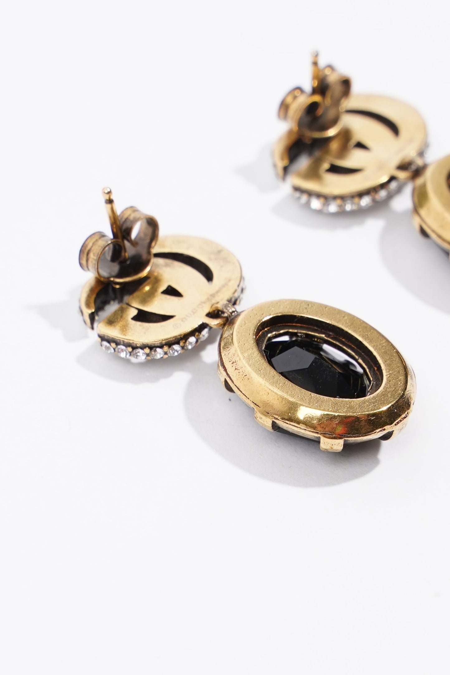 Gucci Womens GG Pendant Earrings Black / Gold Finish Base Metal / Rhinestone