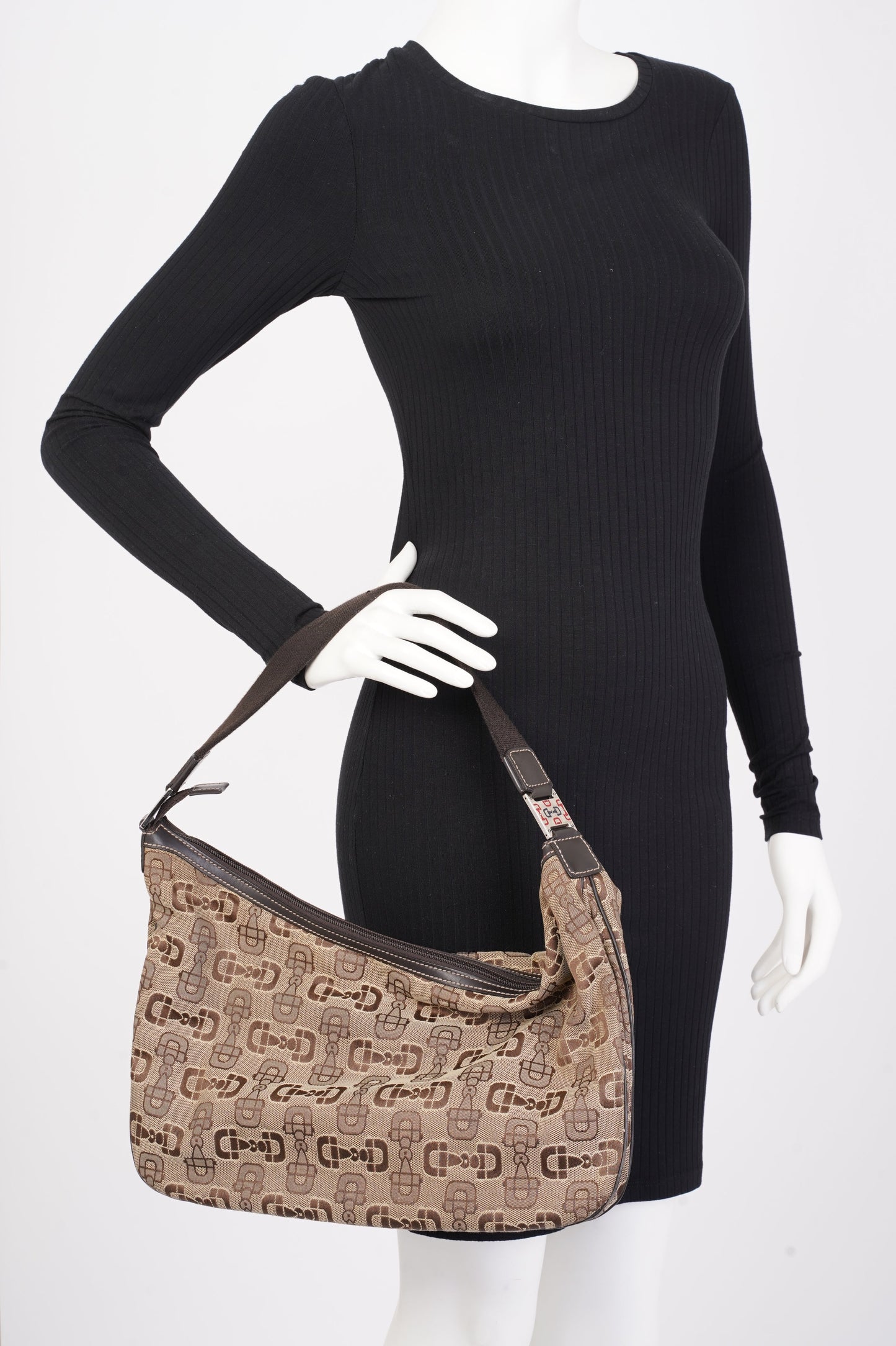 Gucci Horsebit Canvas Shoulder Bag Brown Canvas Large